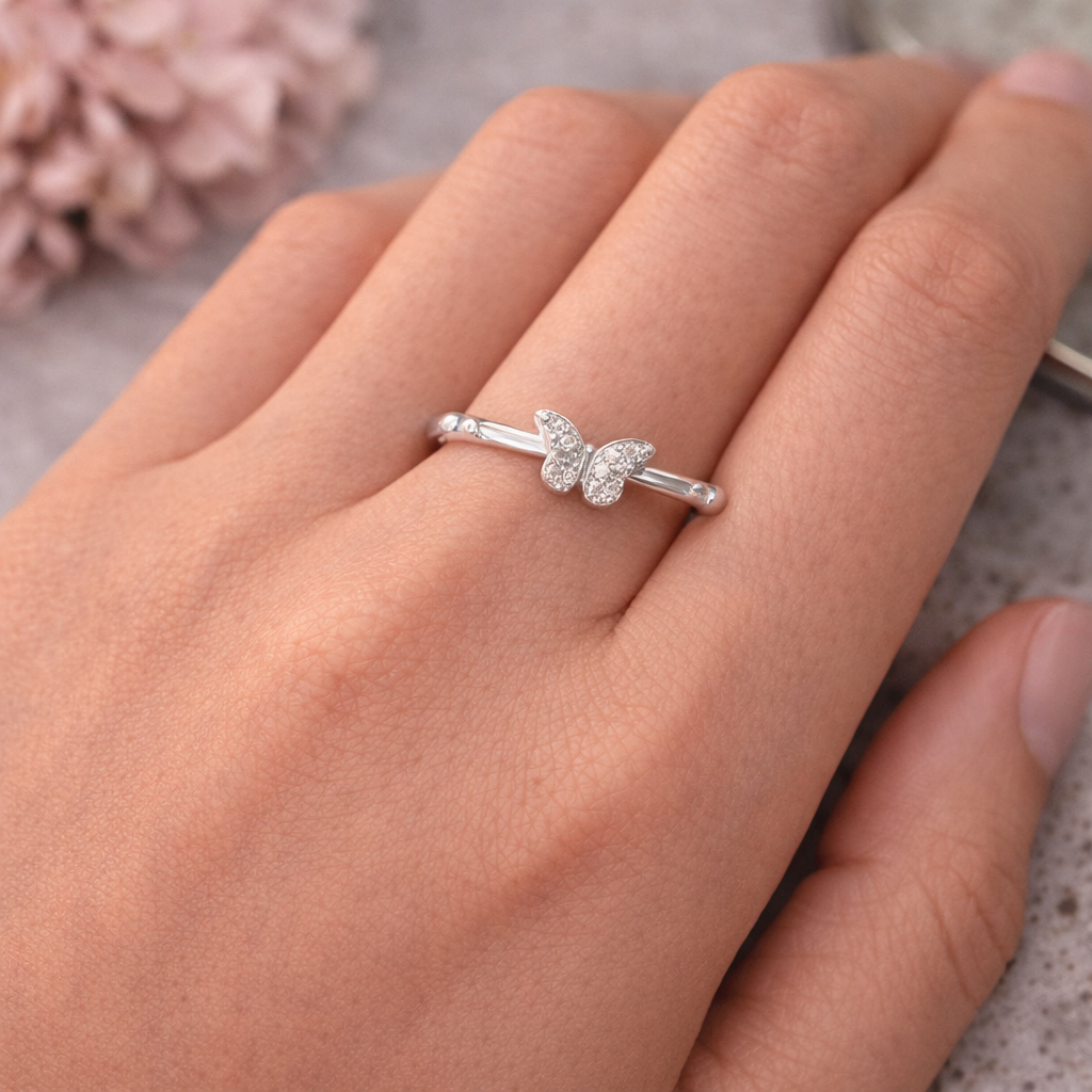 Minimal Butterfly Crystal Ring – Cute Silver Tone Ring for Women | Elegant Everyday Jewellery