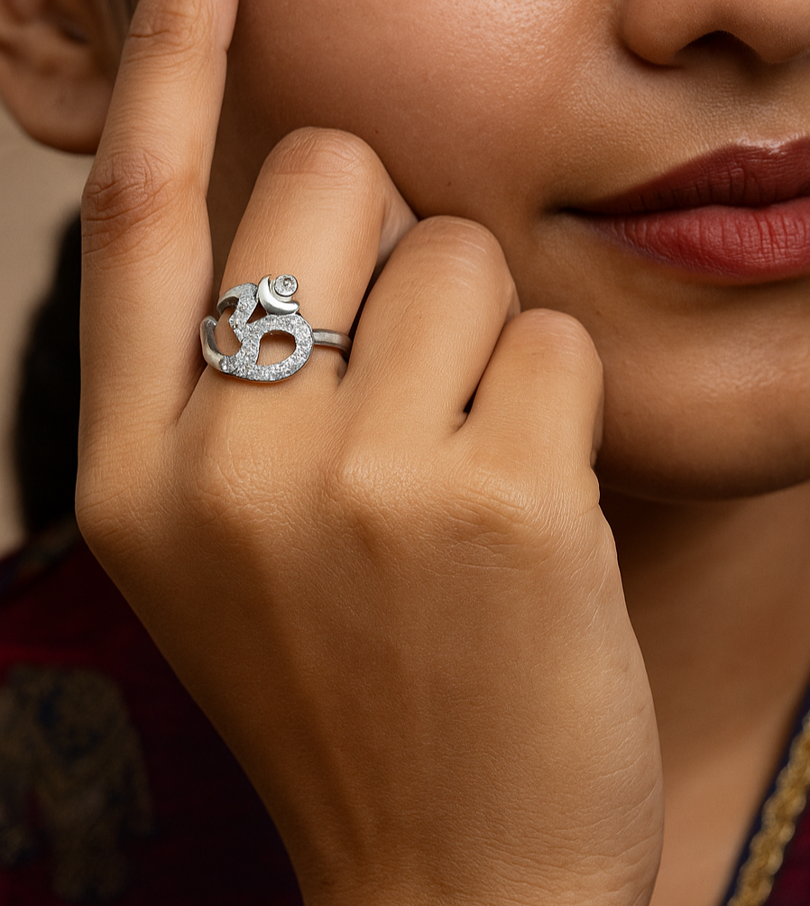 Silver Om Crescent Sparkle Ring