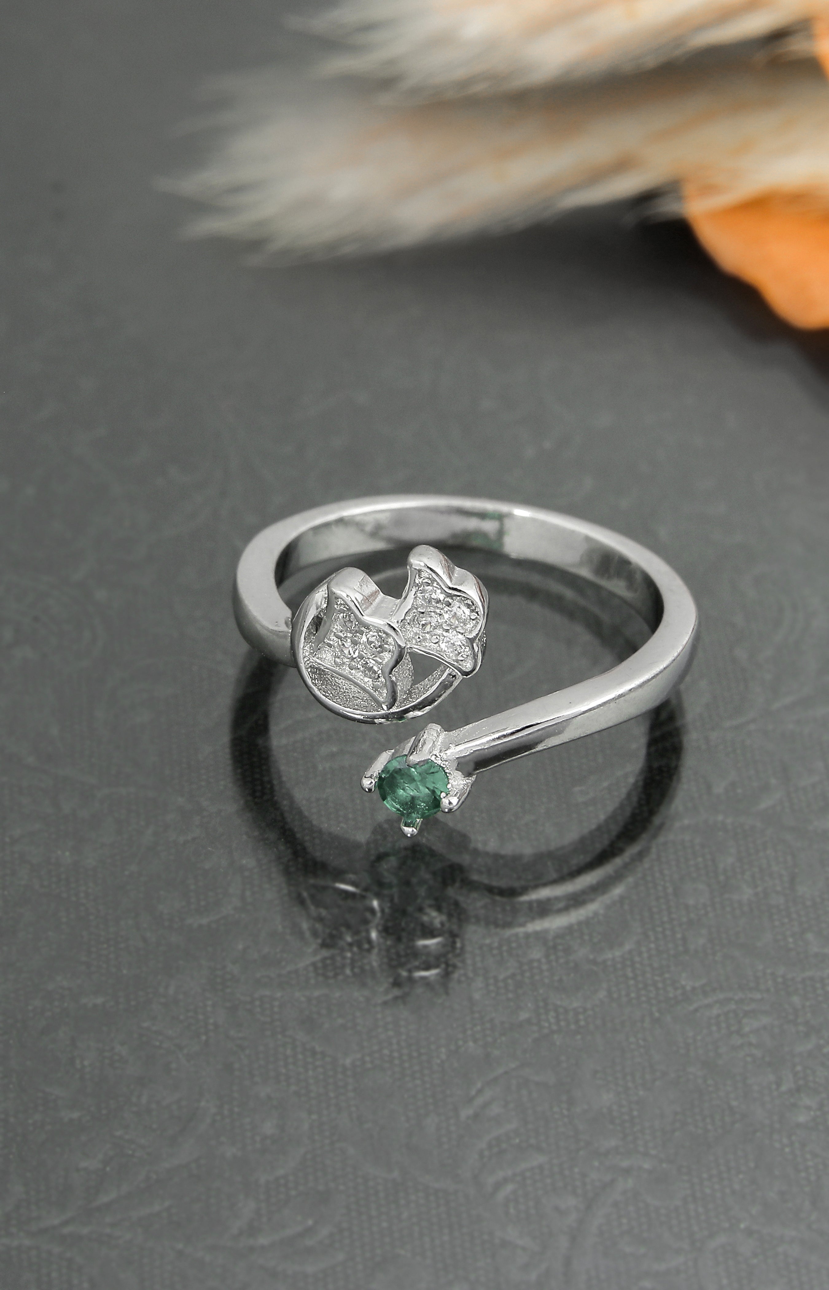 Silver Dual Leaf Emerald Ring