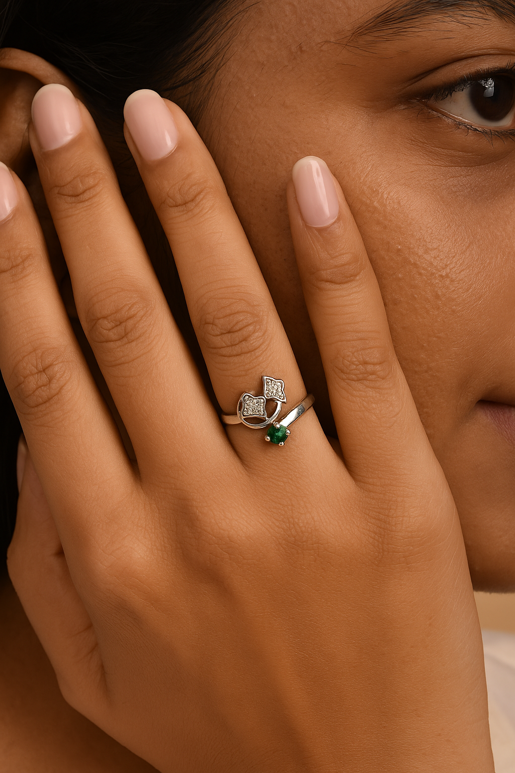 Silver Dual Leaf Emerald Ring