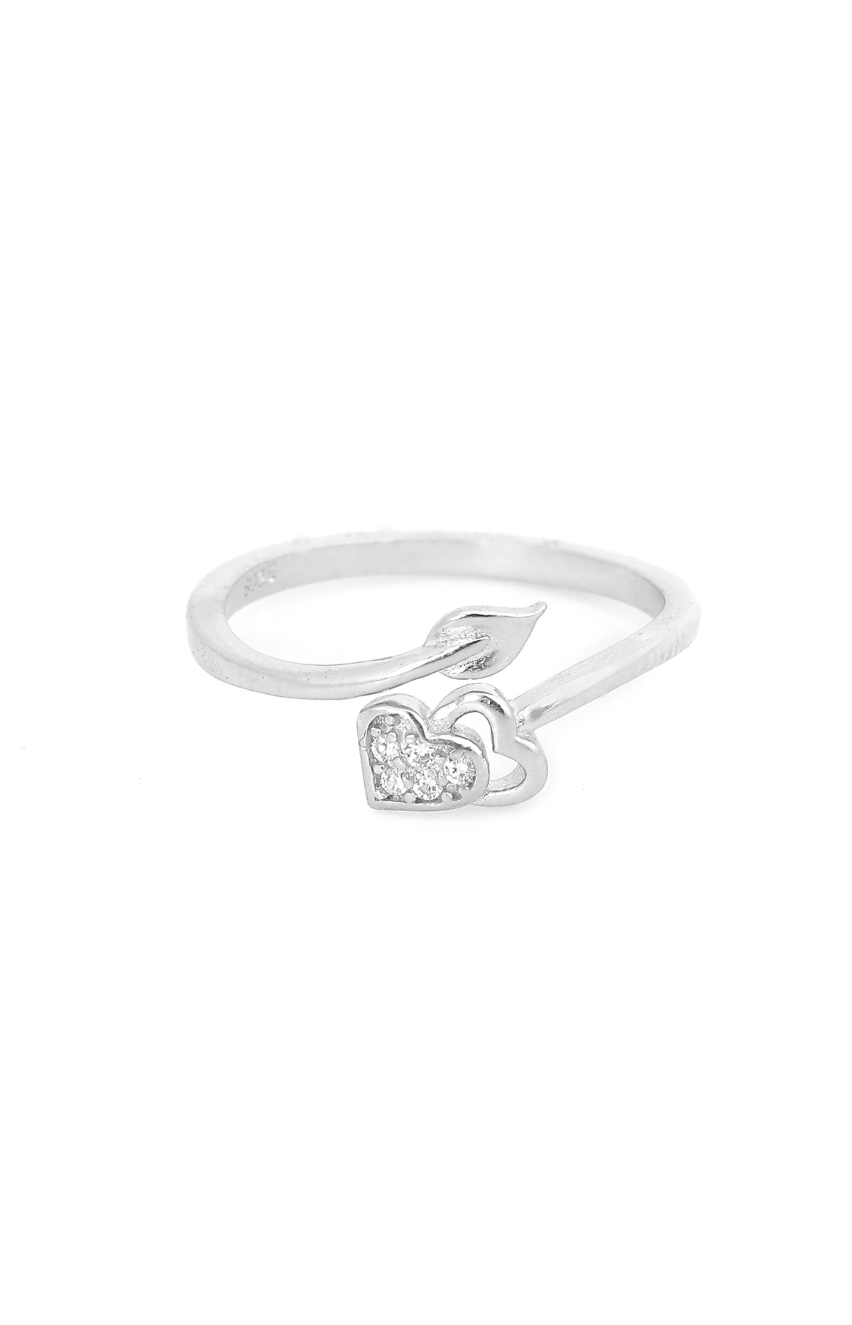 Silver Double Heart and Leaf Open Ring