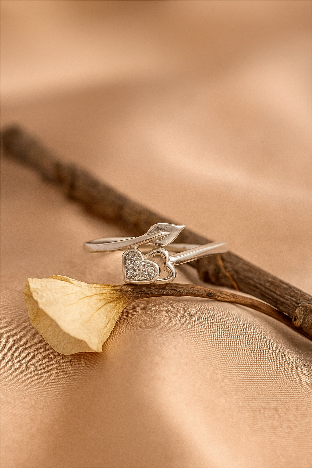 Silver Double Heart and Leaf Open Ring