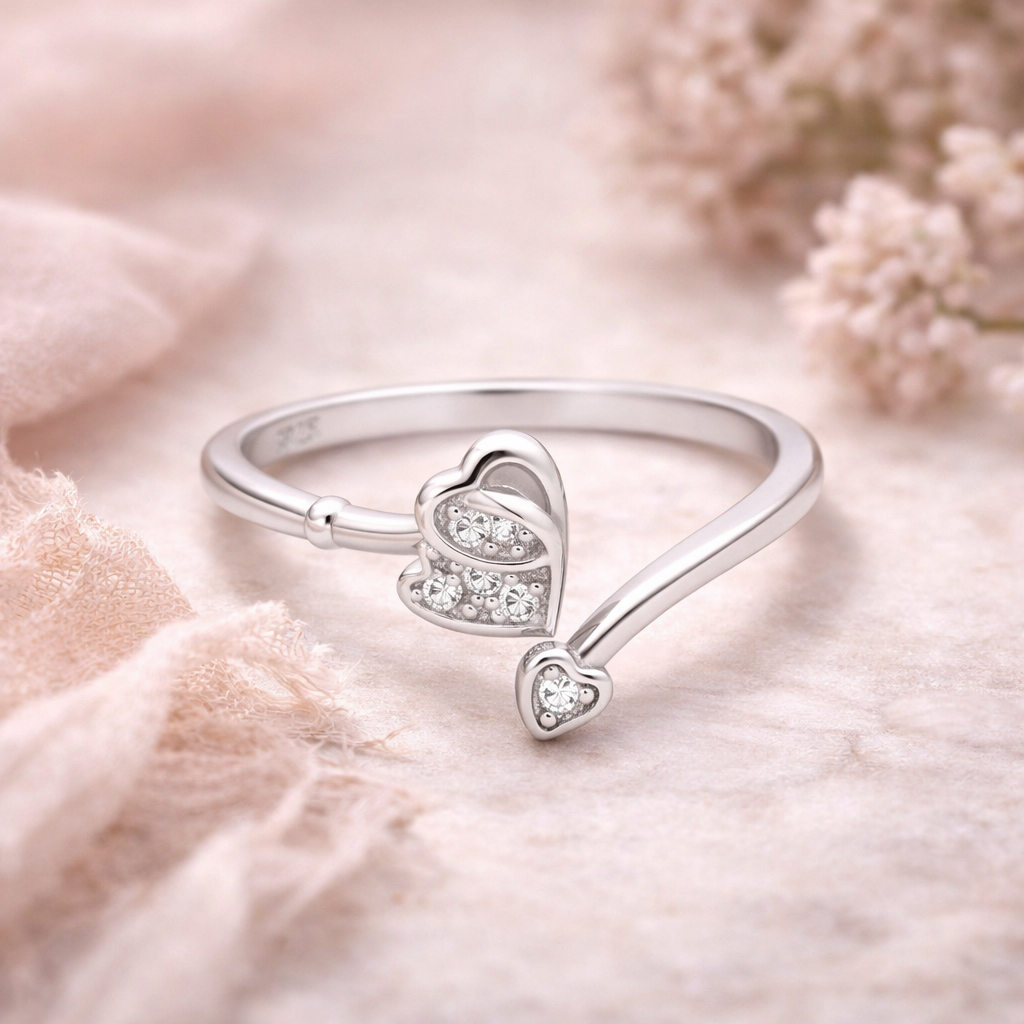 Dual Heart Whisper Ring – Open Adjustable Romantic Ring for Women | Minimal Symbolic Everyday Jewellery