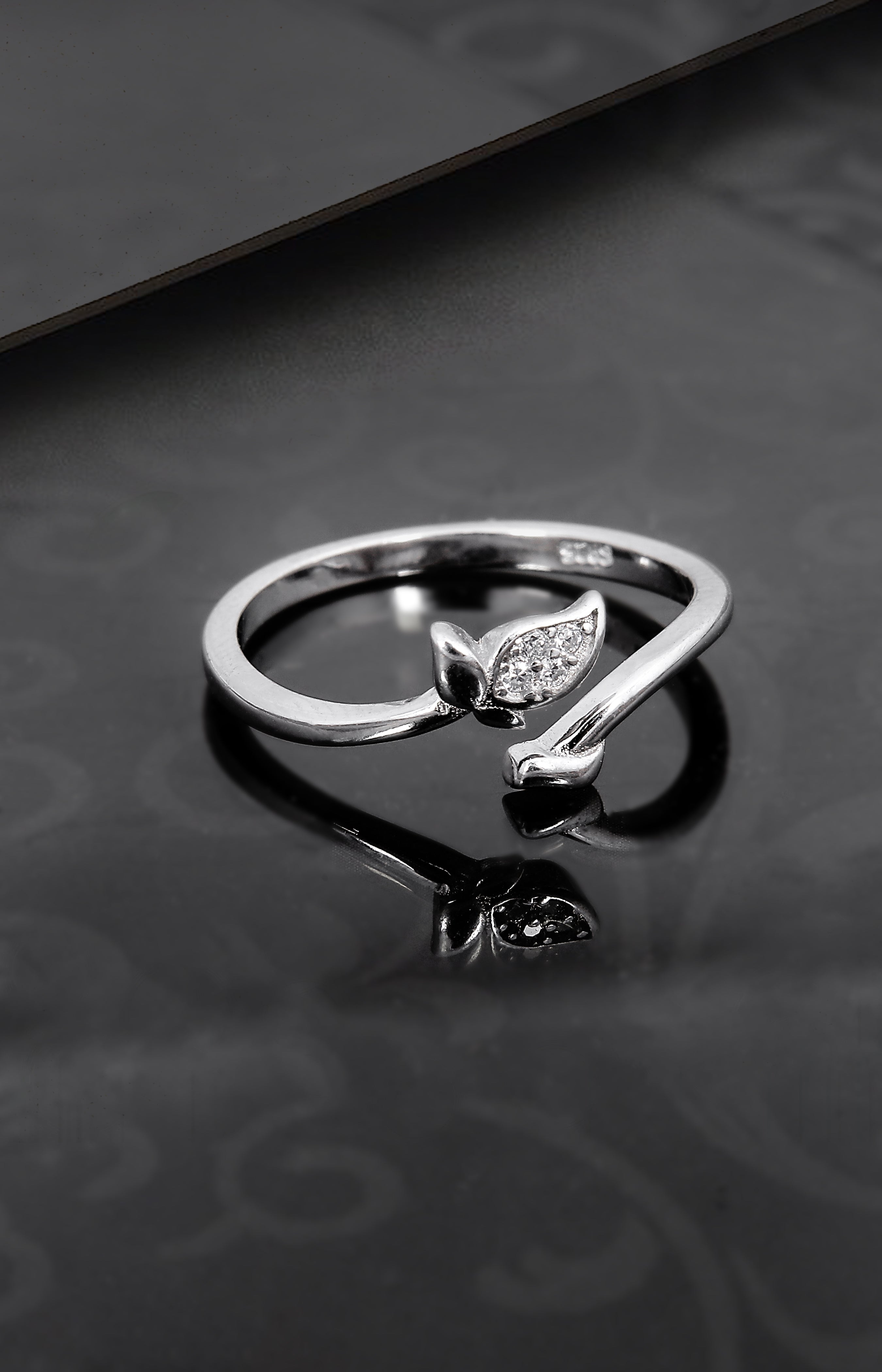 Silver Leaflet Sparkle Open Ring