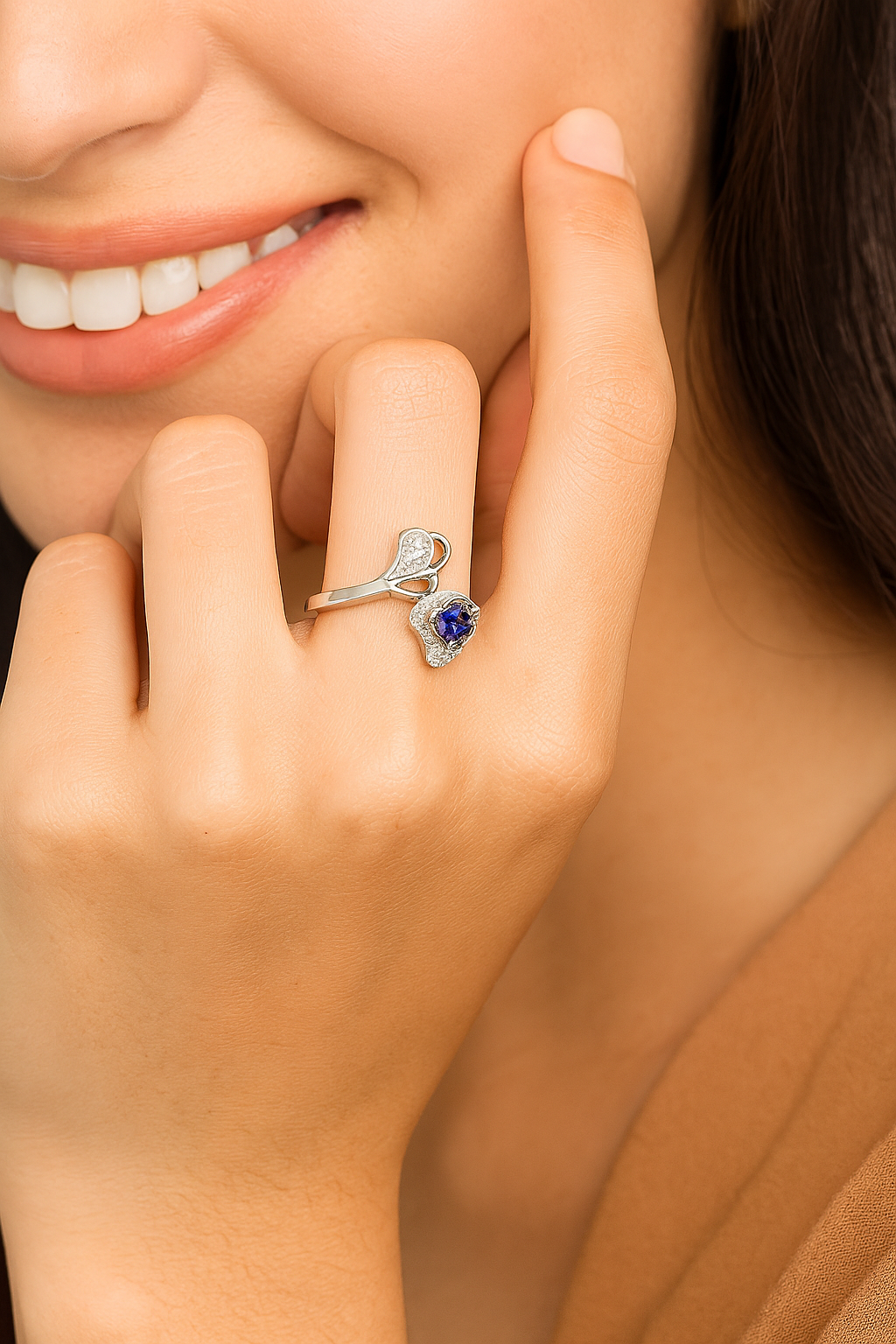 Sapphire Heart & Diamond Swirl Ring