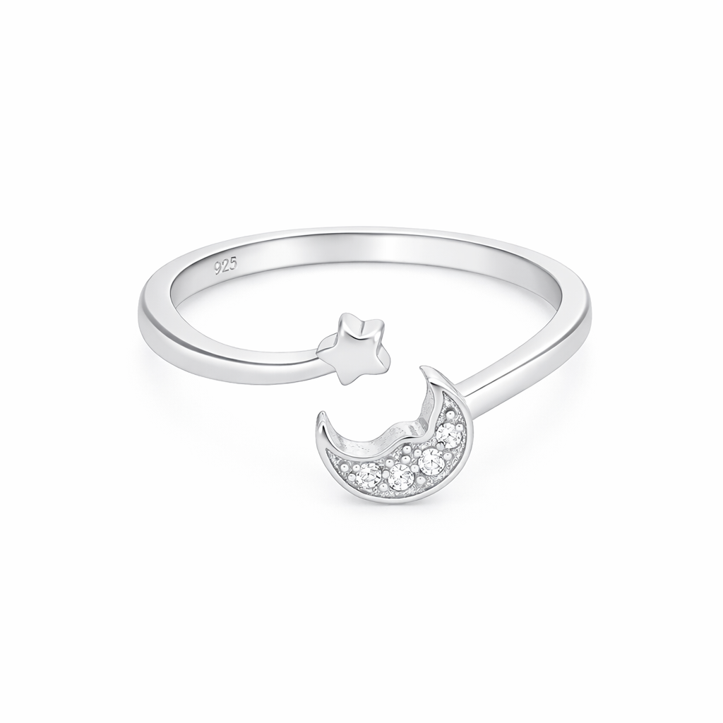 Open Moon Charm Ring – Minimal Adjustable Celestial Ring for Women | Elegant Everyday Symbolic Jewellery