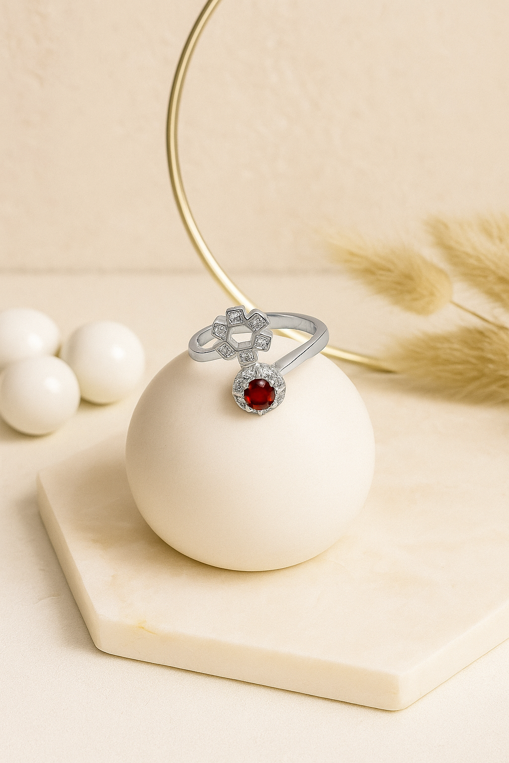 Red Stone Floral Open Ring