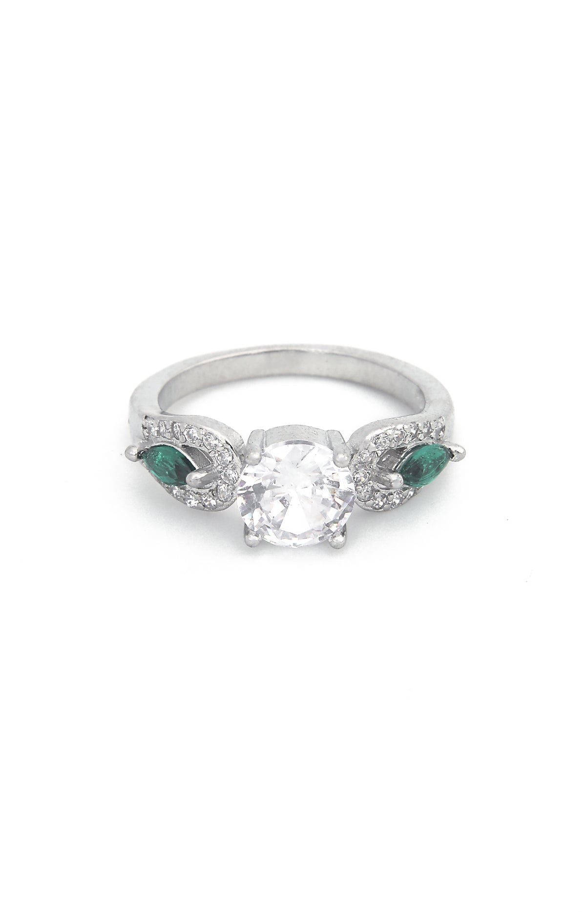 Silver Emerald Leaf Spark Ring
