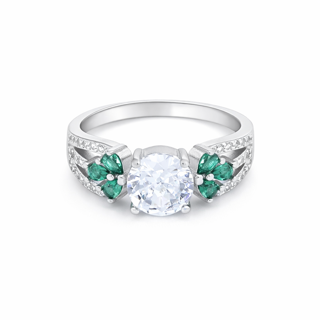 Classic Solitaire Ring with Green Accent Stones – Elegant Adjustable Statement Ring for Women | Minimal Luxury Jewellery