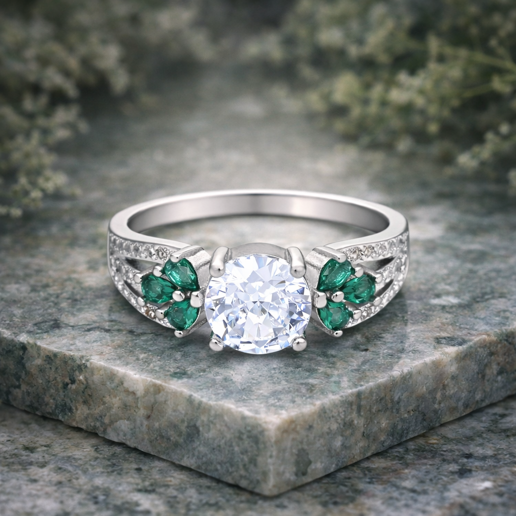 Classic Solitaire Ring with Green Accent Stones – Elegant Adjustable Statement Ring for Women | Minimal Luxury Jewellery