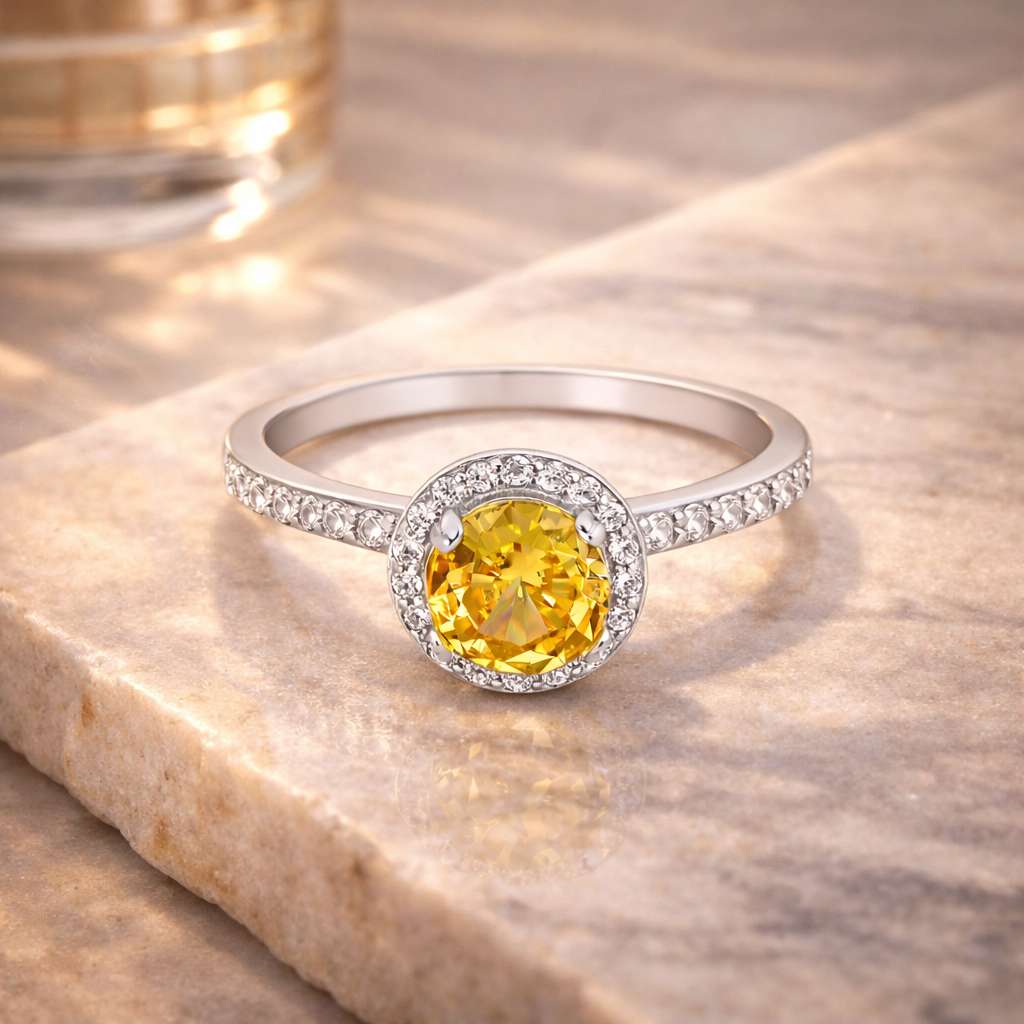 Yellow Crystal Halo Ring – Minimal Elegant Adjustable Ring for Women | Classic Everyday Statement Jewellery