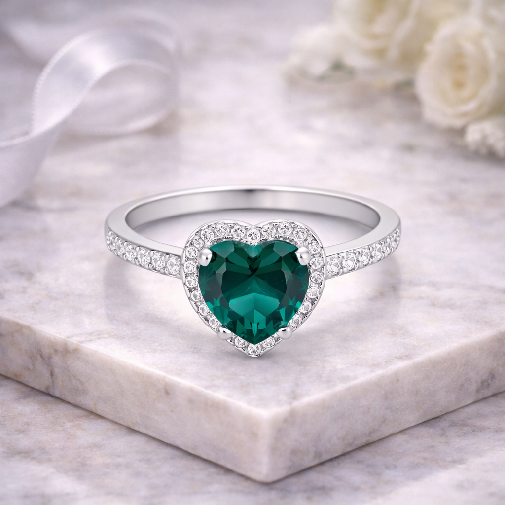 Green Heart Crystal Ring – Elegant Minimal Adjustable Ring for Women | Romantic Statement Everyday Jewellery