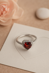 Silver Heart of Ruby Halo Ring