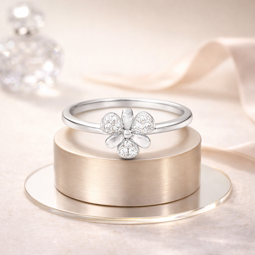 Crystal Bloom Petal Ring – Minimal Floral Adjustable Ring for Women | Elegant Everyday Nature-Inspired Jewellery