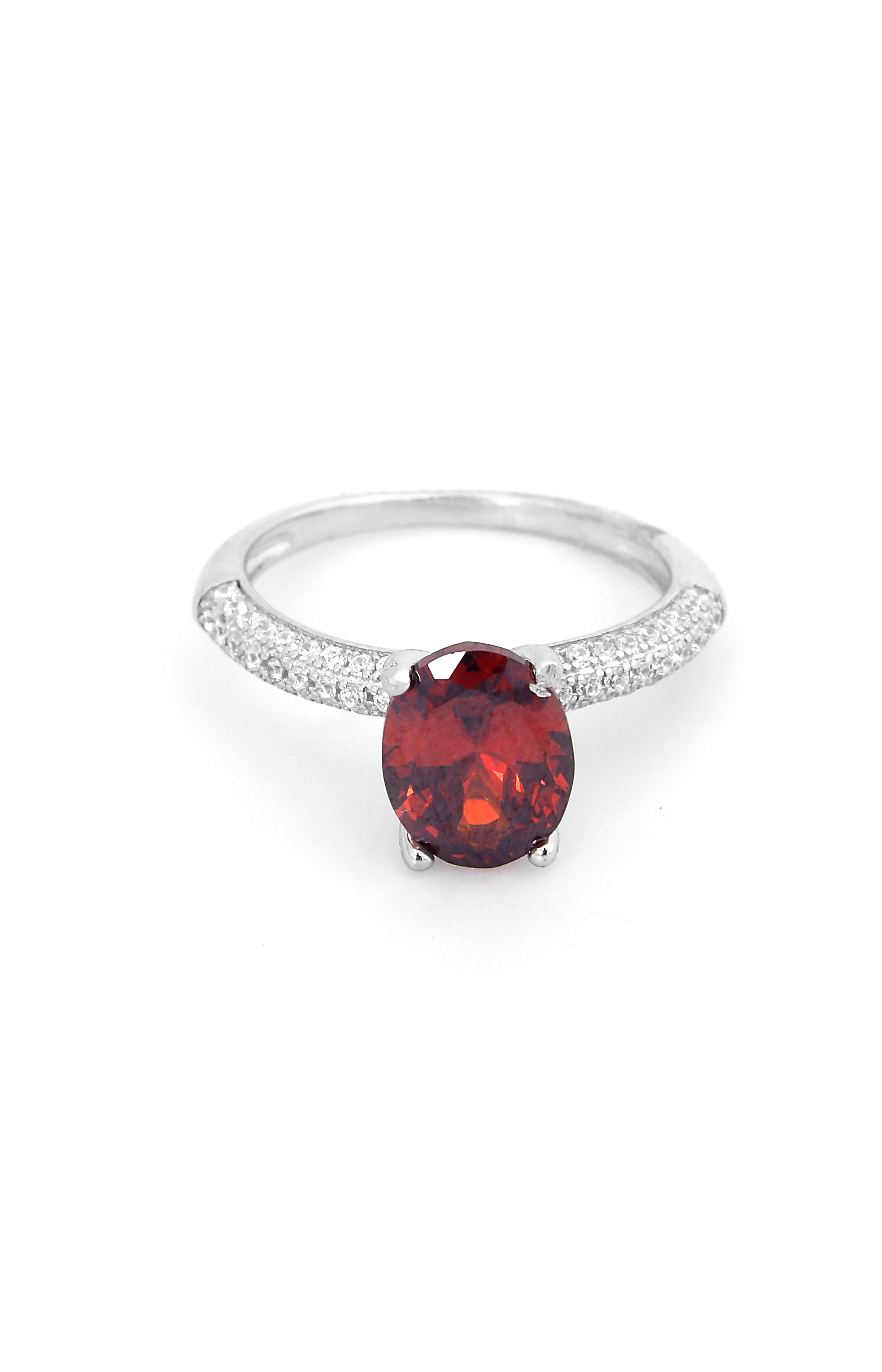 Crimson Ember Solitaire Silver Ring