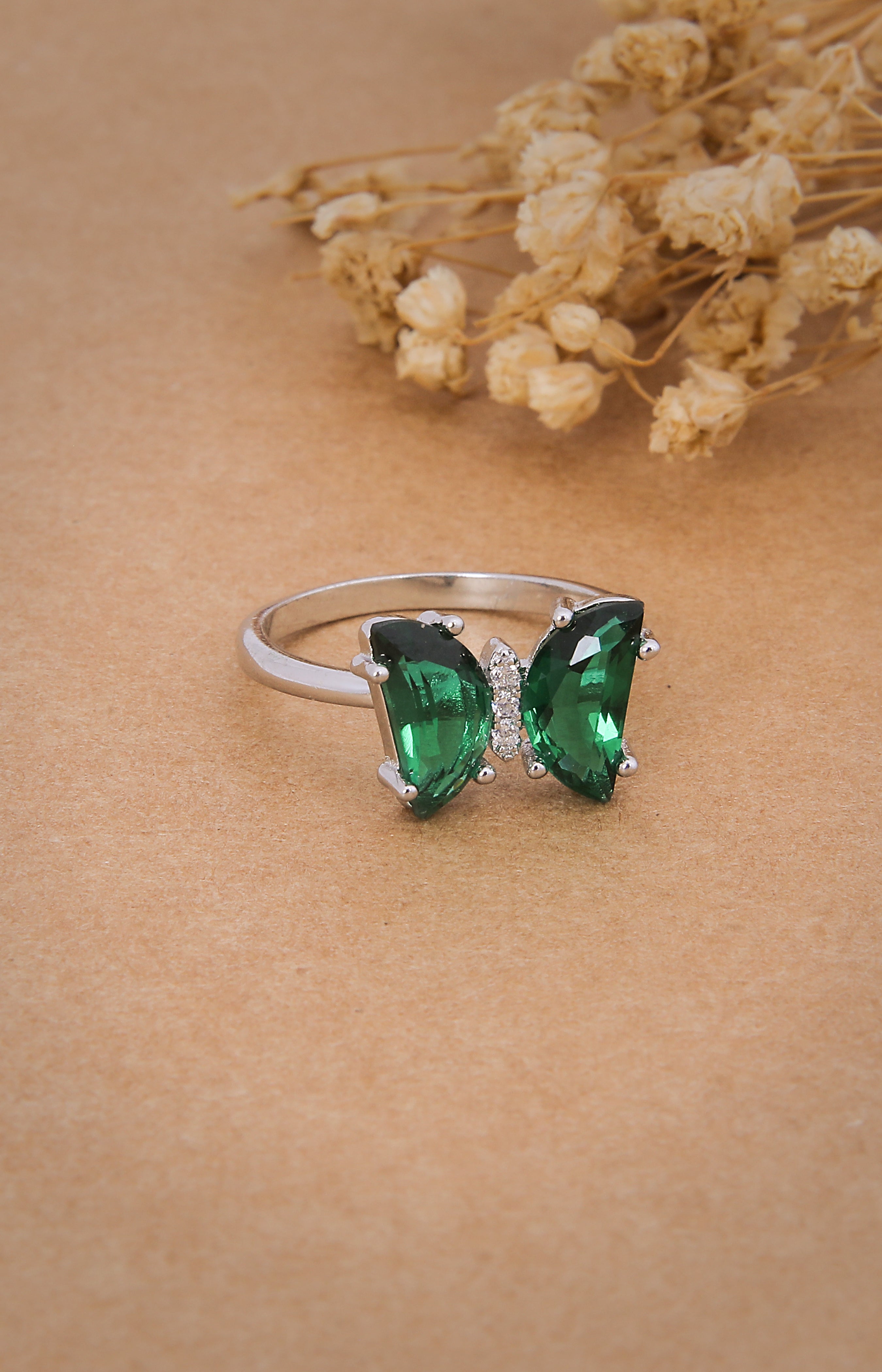 Emerald Whisper Butterfly Silver Ring