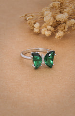 Emerald Whisper Butterfly Silver Ring