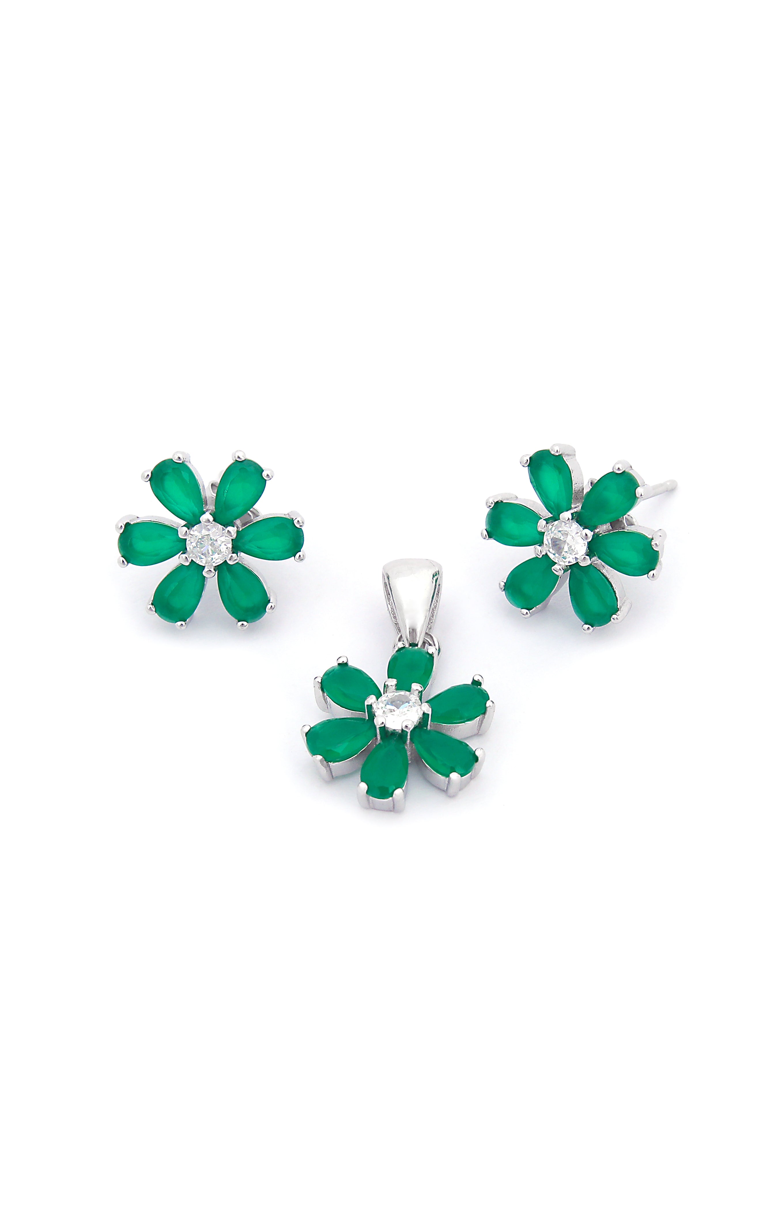 Silver Emerald Blossom Pendant Earring Set