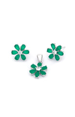 Silver Emerald Blossom Pendant Earring Set