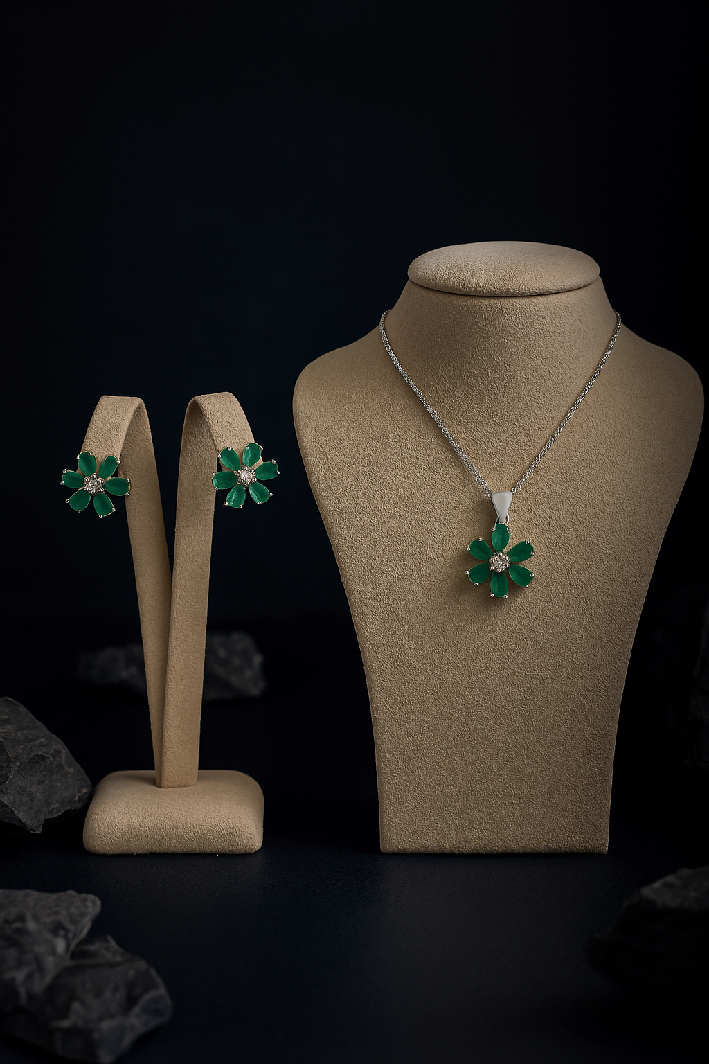 Silver Emerald Blossom Pendant Earring Set