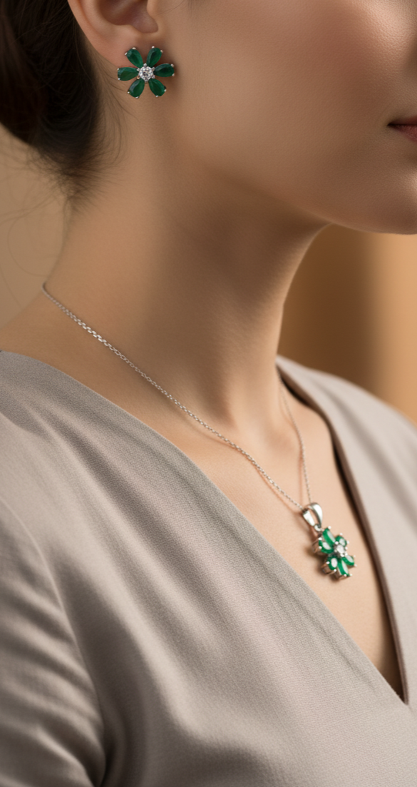 Silver Emerald Blossom Pendant Earring Set