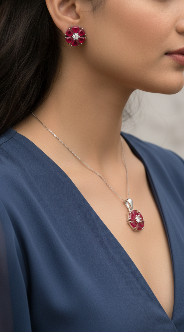 Silver Ruby Bloom Pendant Set