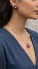 Silver Ruby Bloom Pendant Set