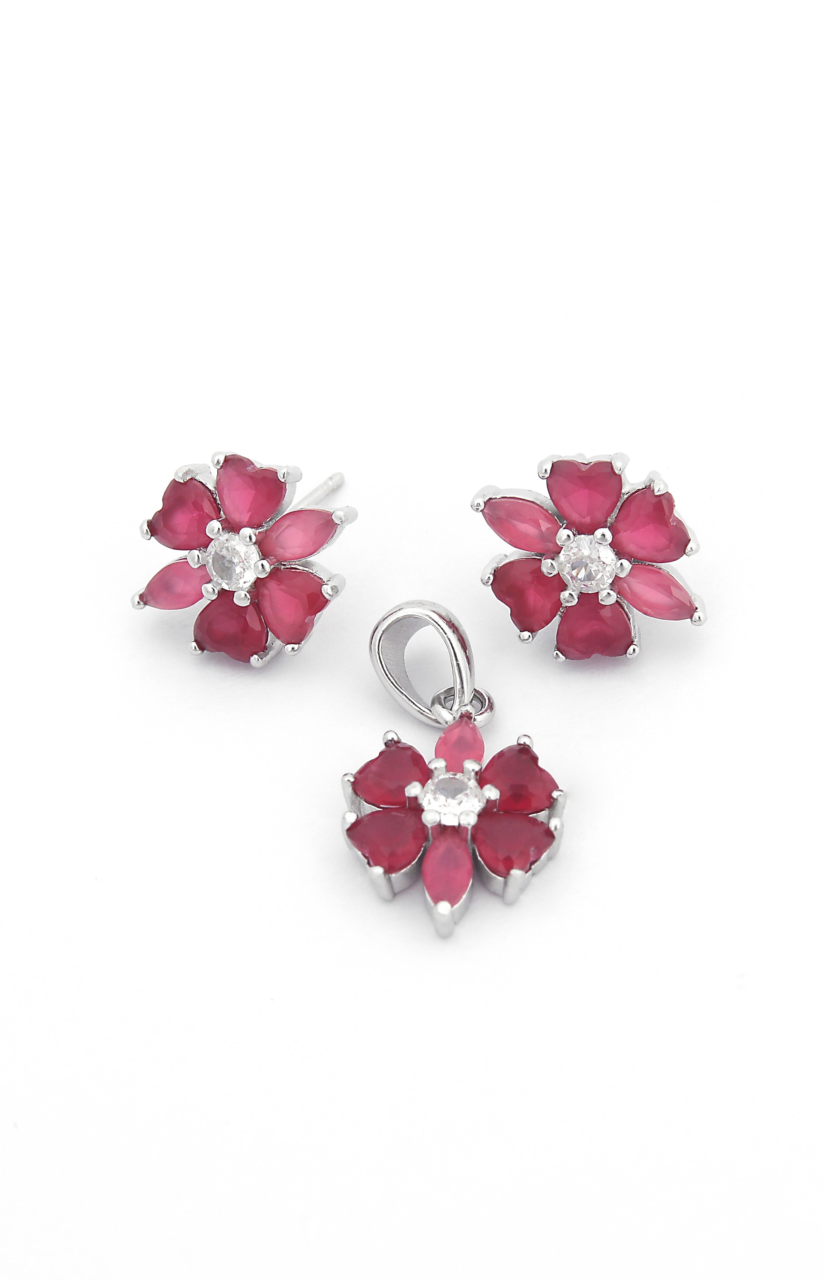 Silver Crimson Blossom Pendant Set