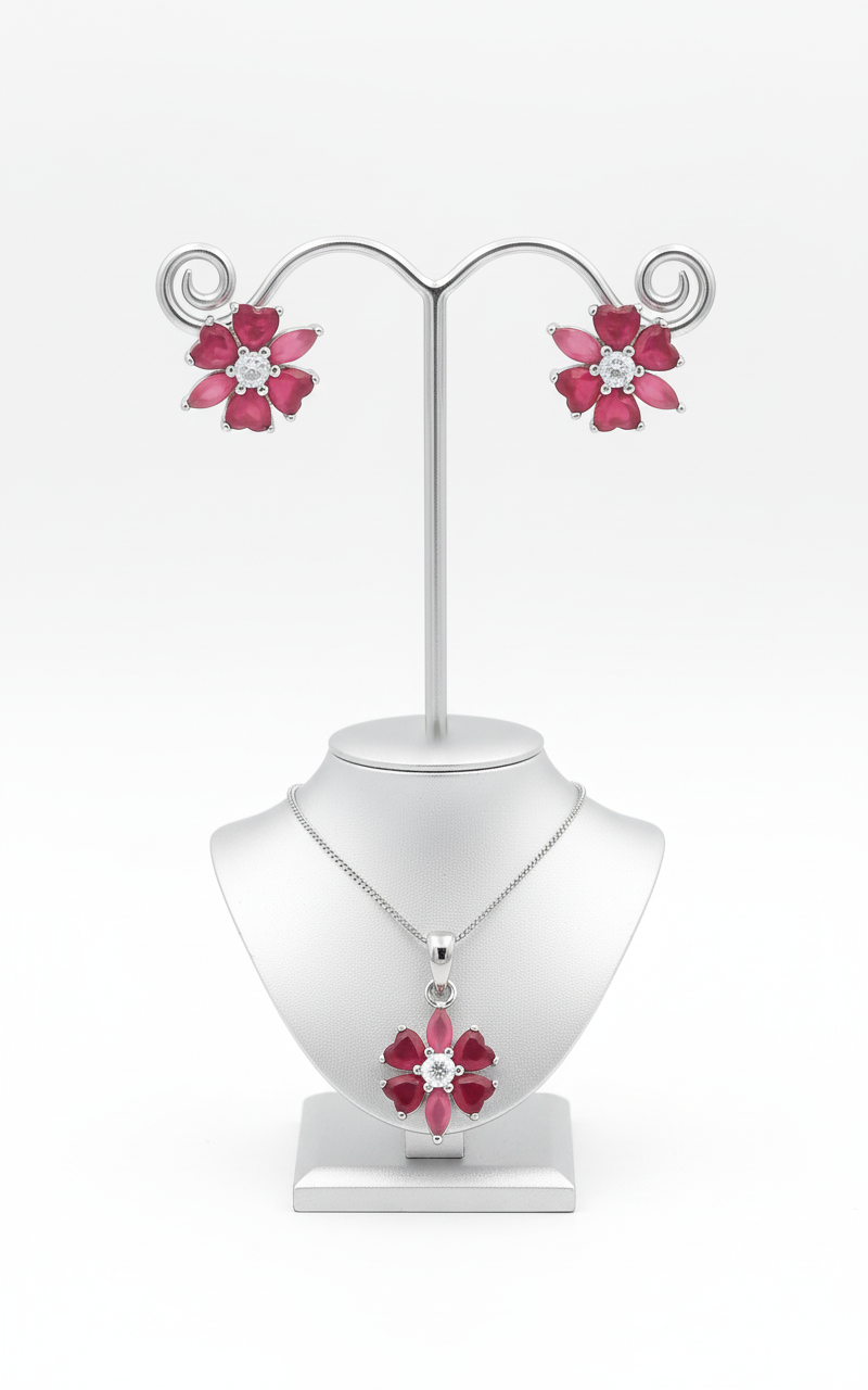 Silver Crimson Blossom Pendant Set