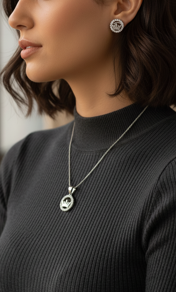 Silver Regal Crown Pendant Set