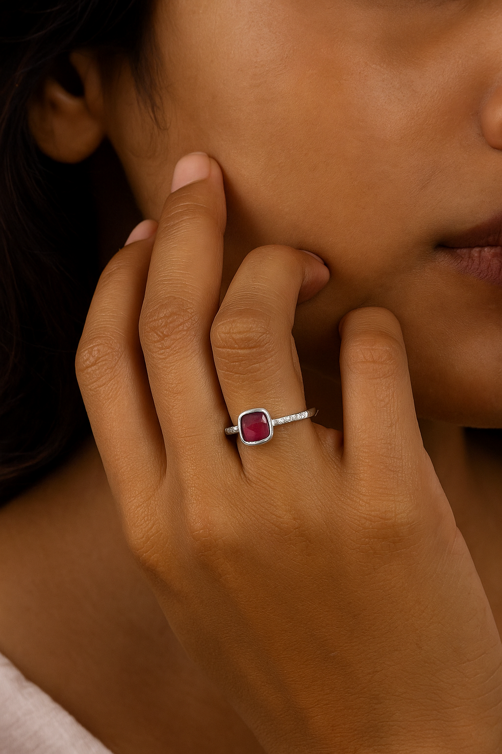 Silver Crimson Cushion Spark Ring