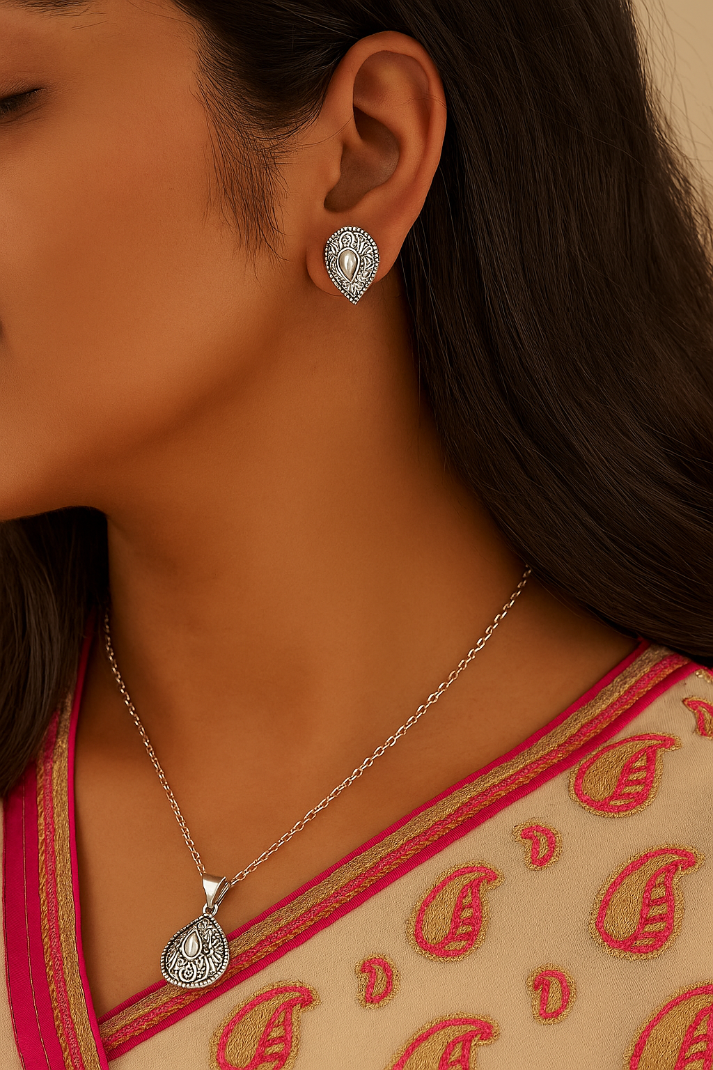 Antique Paisley Silver Pendant Set