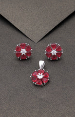 Silver Ruby Bloom Pendant Set